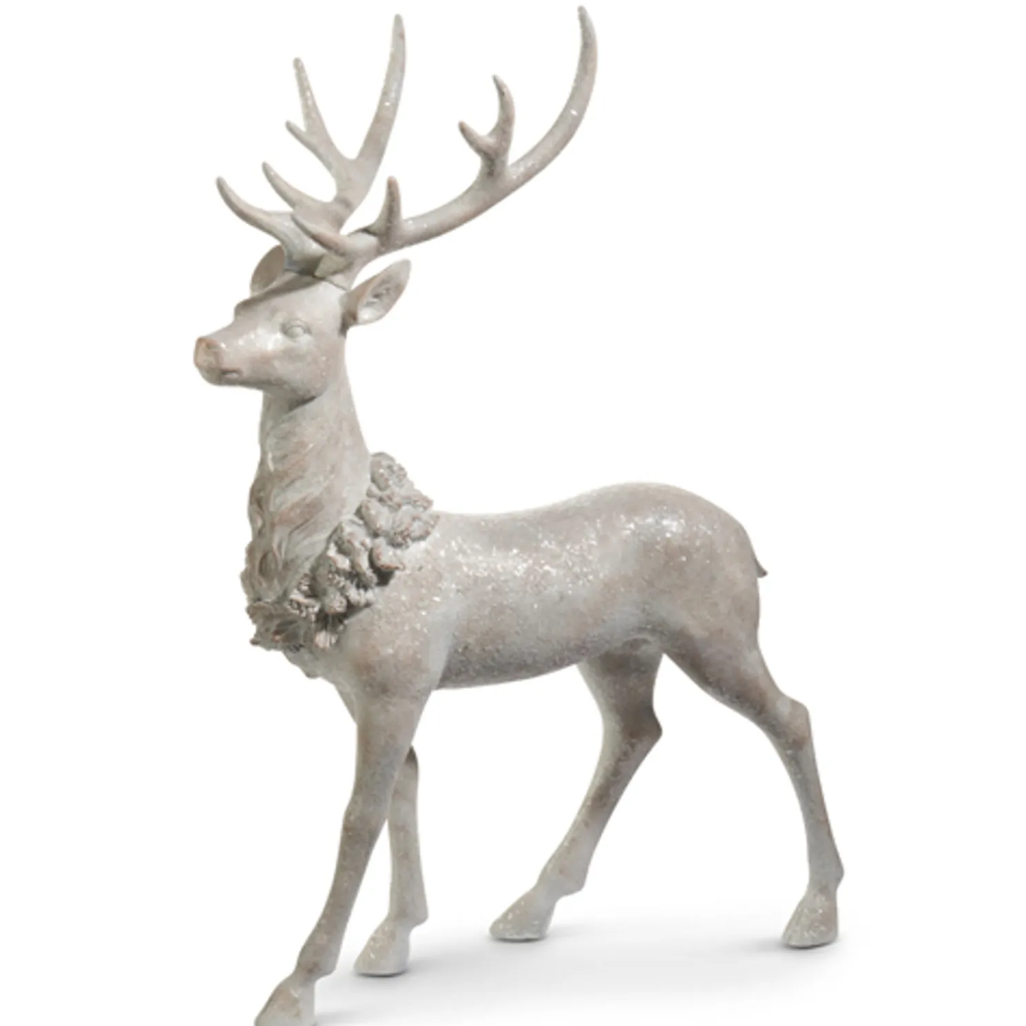 Raz Large White Iced Sitting or Standing Deer with Holly Wreath Figure Christmas Decoration