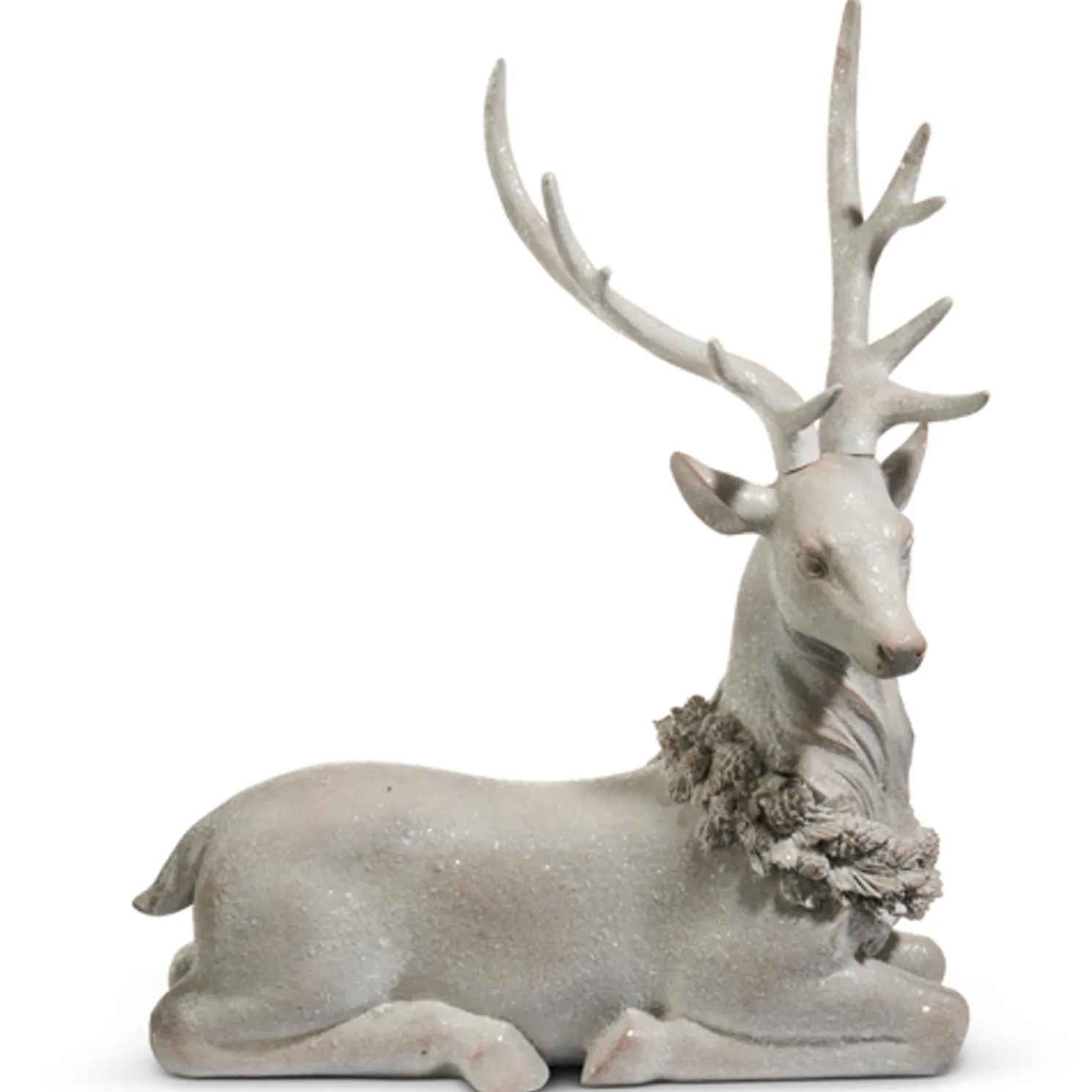 Raz Large White Iced Sitting or Standing Deer with Holly Wreath Figure Christmas Decoration