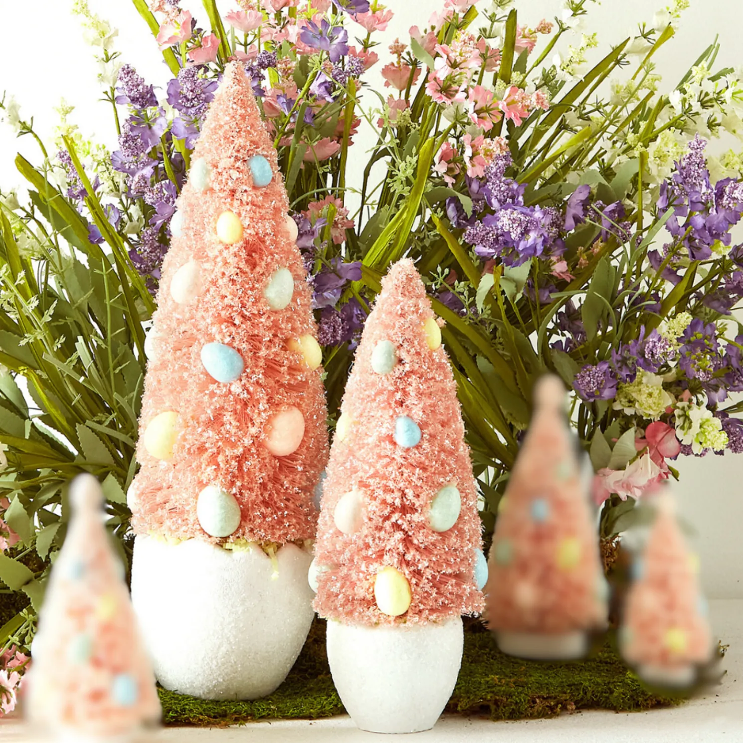 Raz Potted Pink Bottle Brush Trees with Easter Egg Ornaments Set of 2 4415512