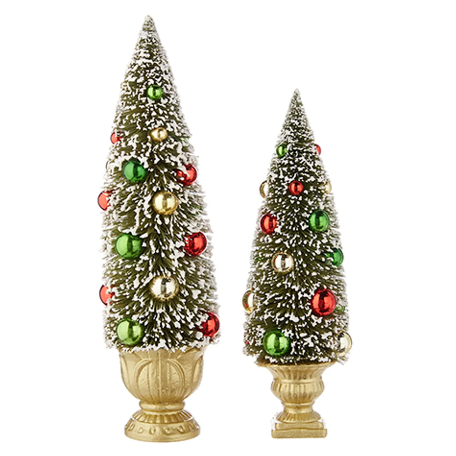 Raz Set of 2 Green Bottle Brush Tree with Ornaments in Gold Urn 4215502