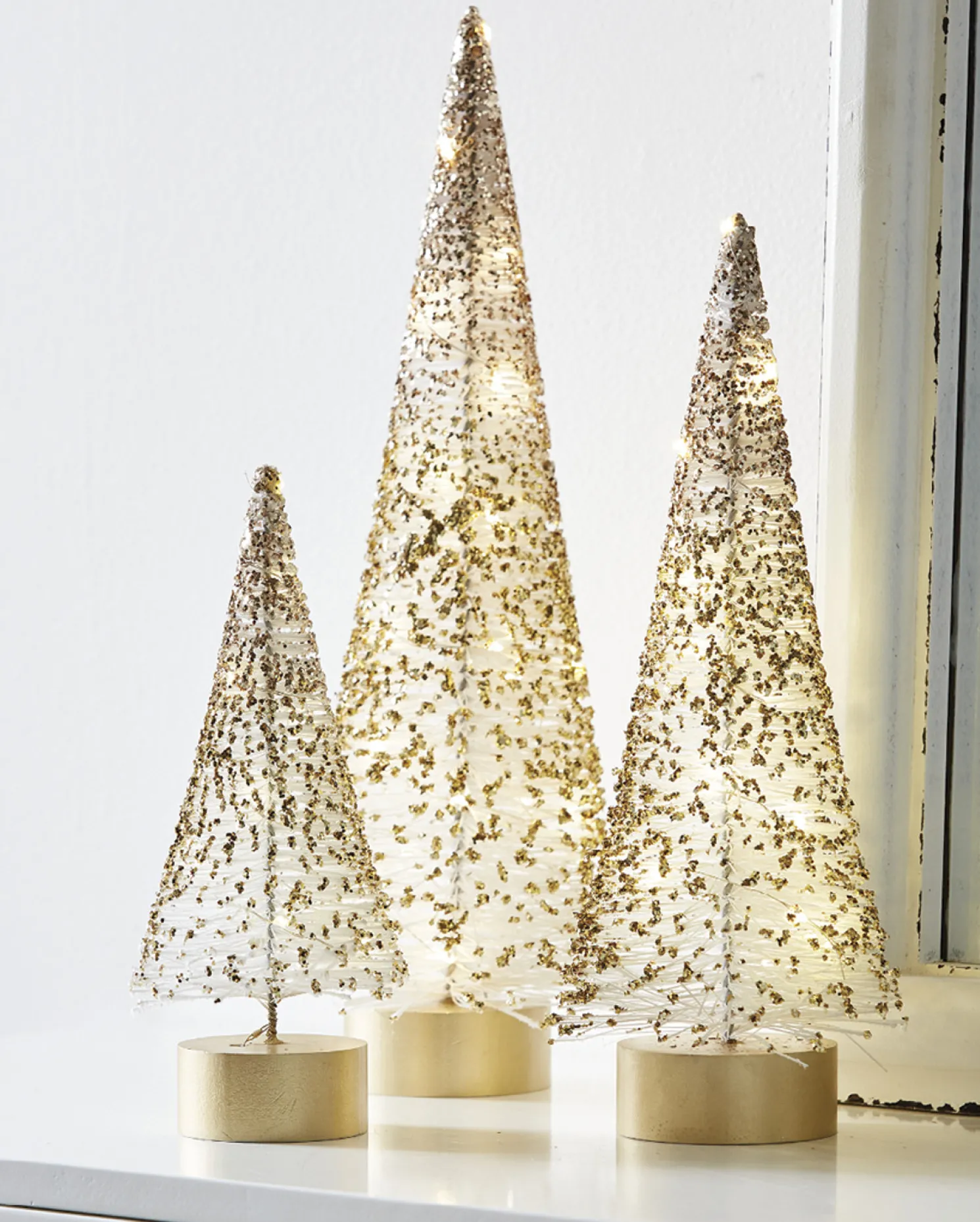 Raz Set of 3 Lighted White Bottle Brush Trees with Gold Glitter 4215506