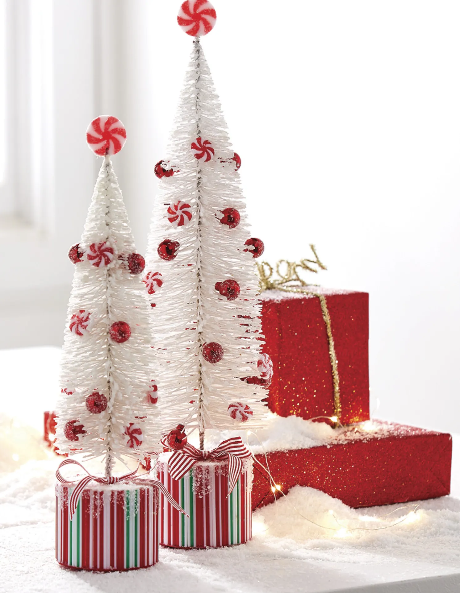 Raz Set of 2 White Peppermint Bottle Brush Tree on Presents Christmas Figure 4215546