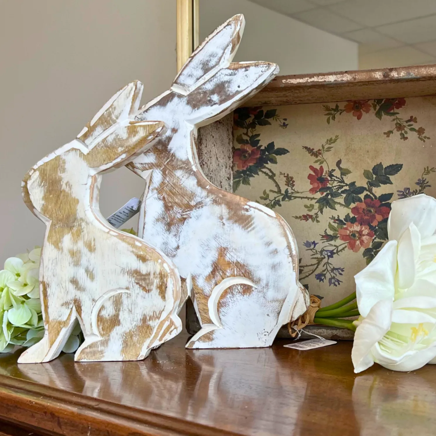 Raz Set of 2 Whitewash Wood Bunny Easter Figures 4424032