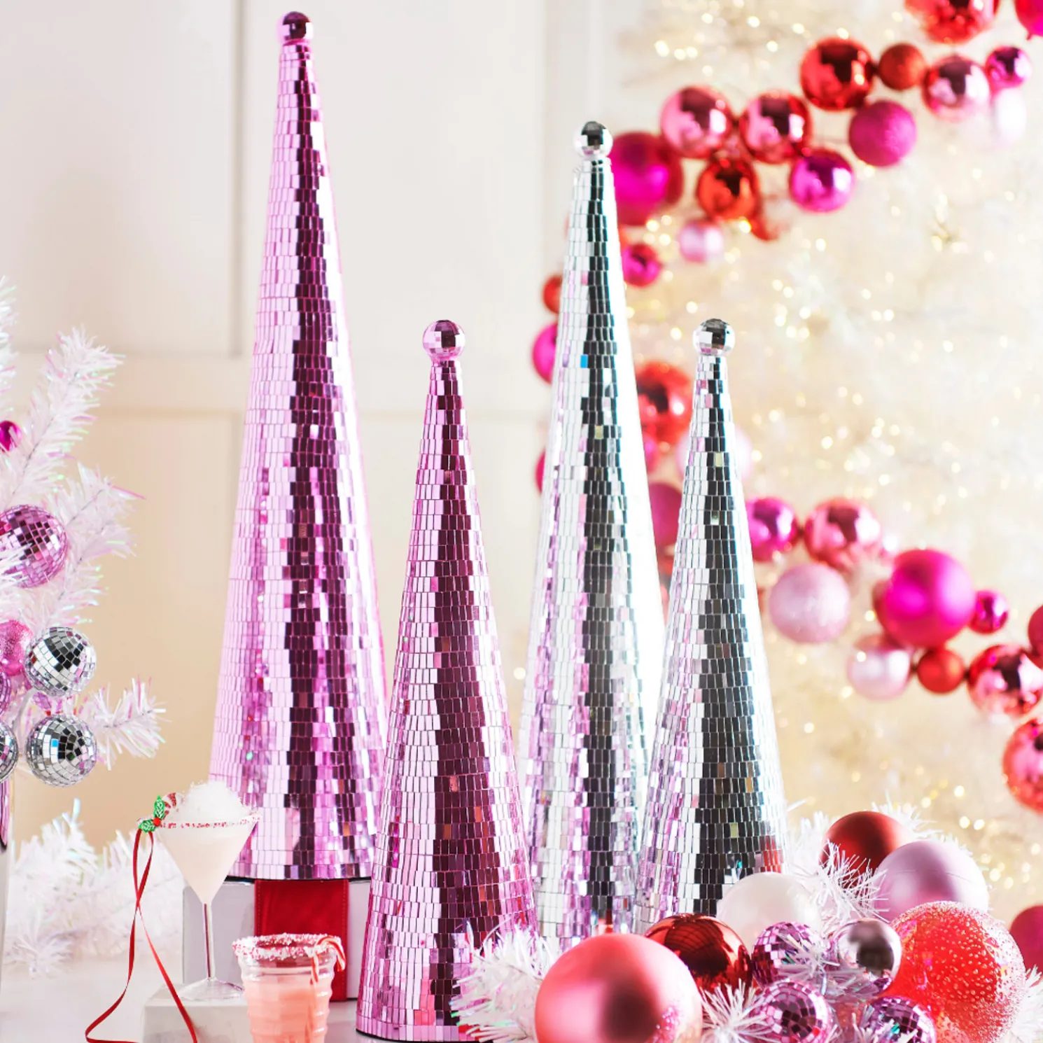 Raz Silver or Pink Disco Ball Cone Christmas Tree