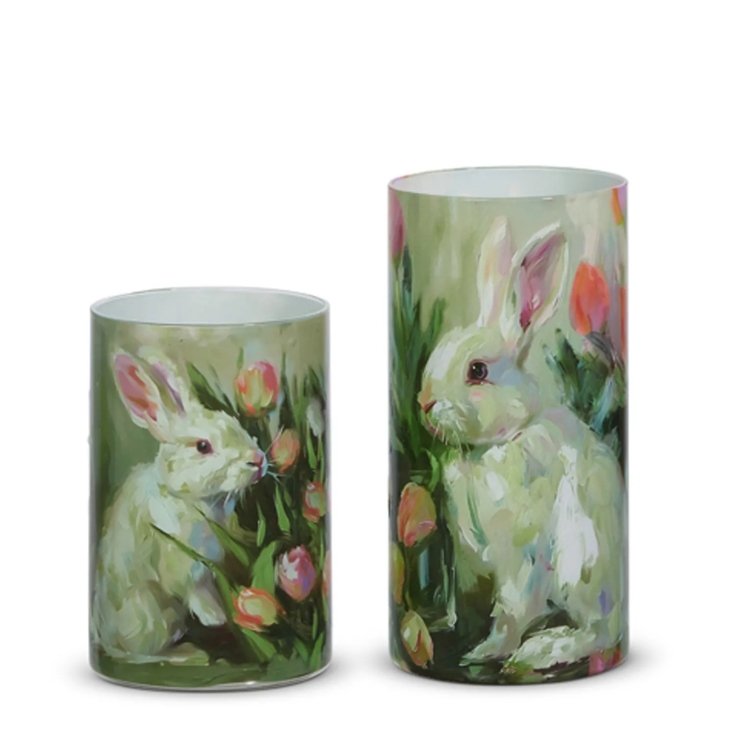 Raz Tulip and Rabbit Glass Easter Containers or Candle Holders Set of 2 4516063