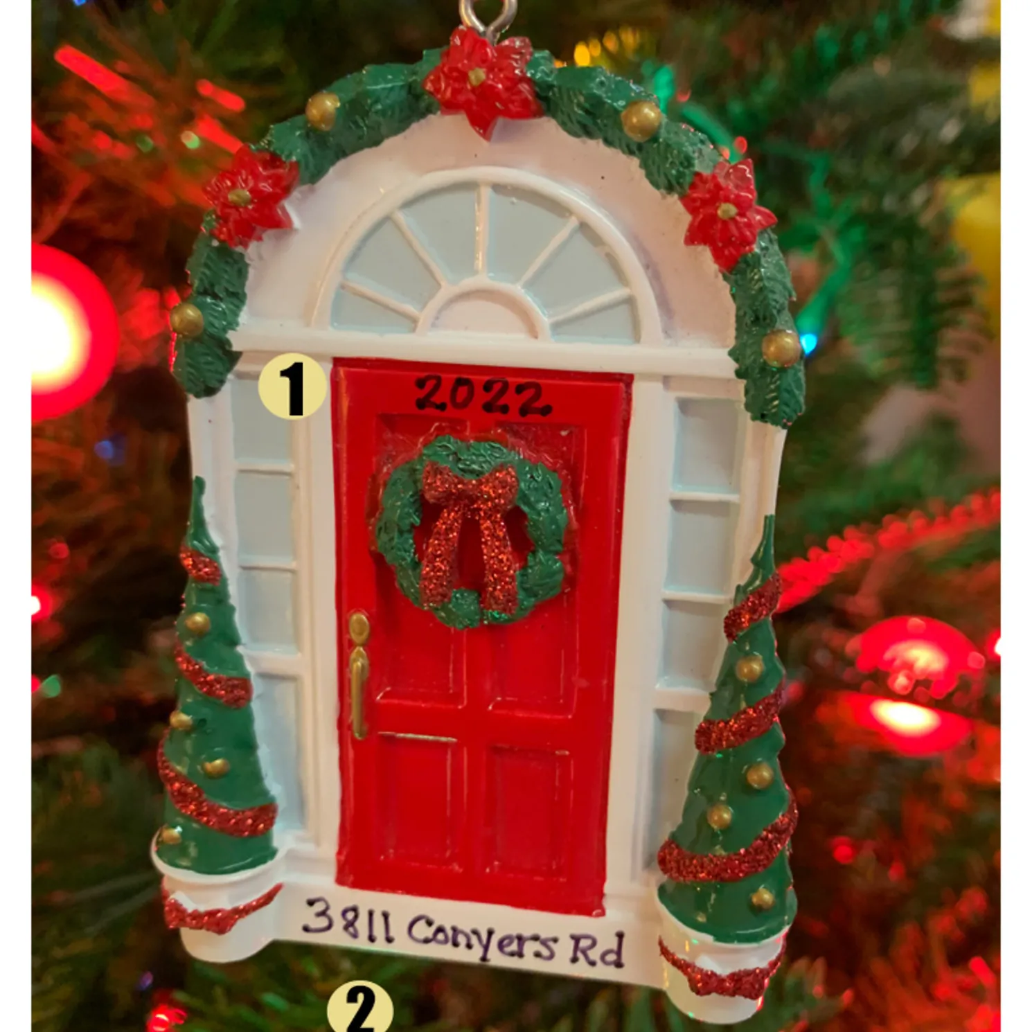 Red Door with Wreath Personalized Christmas Ornament OR2297