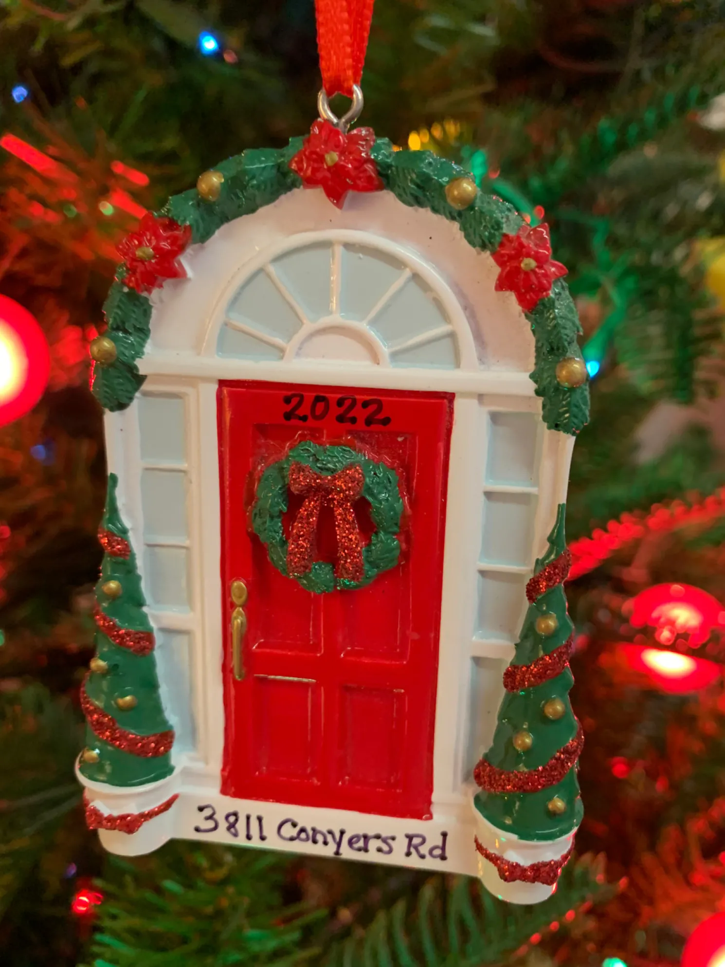 Red Door with Wreath Personalized Christmas Ornament OR2297