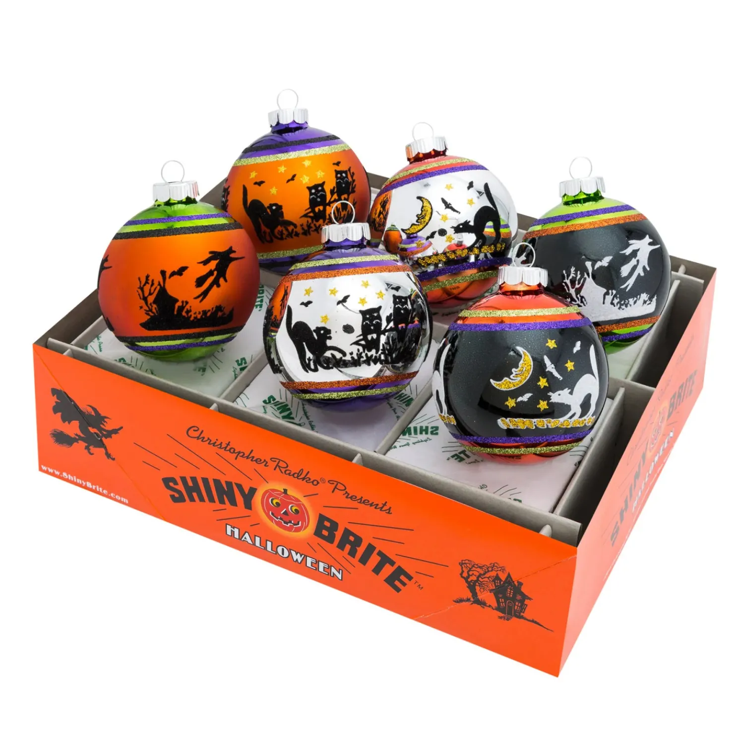 Shiny Brite Halloween 3.25" Signature Flocked Round Halloween Glass Ornament Set 4026976