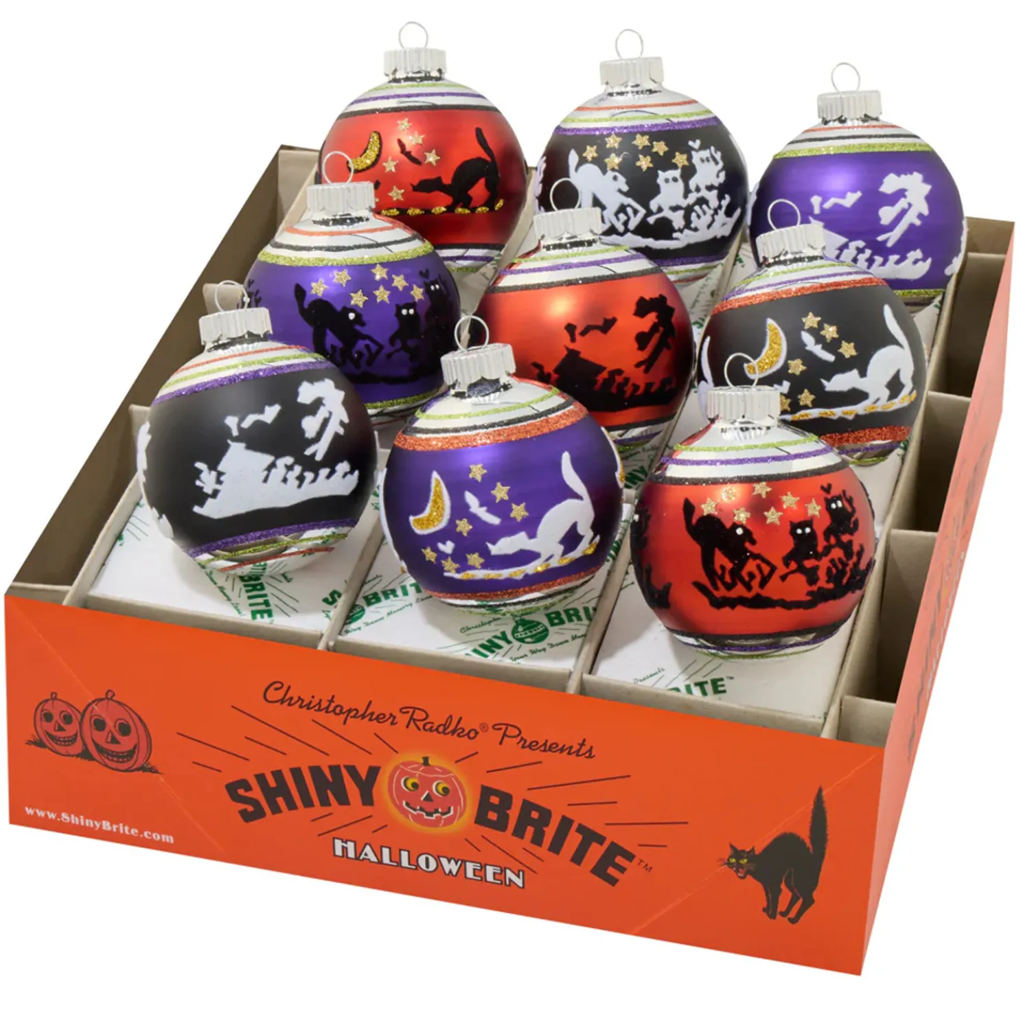 Shiny Brite Halloween 9 Count 2.5" Signature Flocked Rounds Glass Ornament Set 4028279