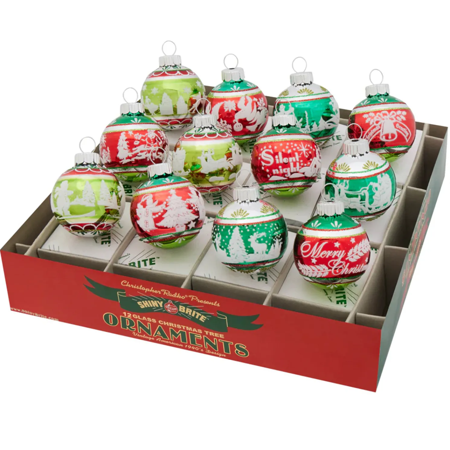 Shiny Brite Holiday Splendor 1.75" Signature Flocked Rounds Glass Christmas Ornaments 4028214