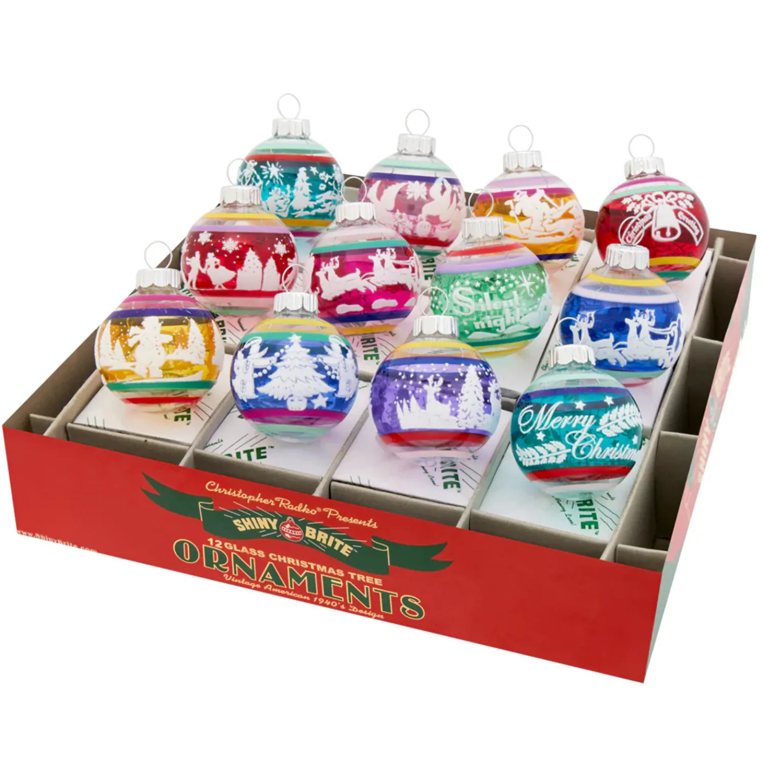 Shiny Brite Vivid Vintage 1.75" Signature Flocked Rounds Glass Christmas Ornament Set 4028247