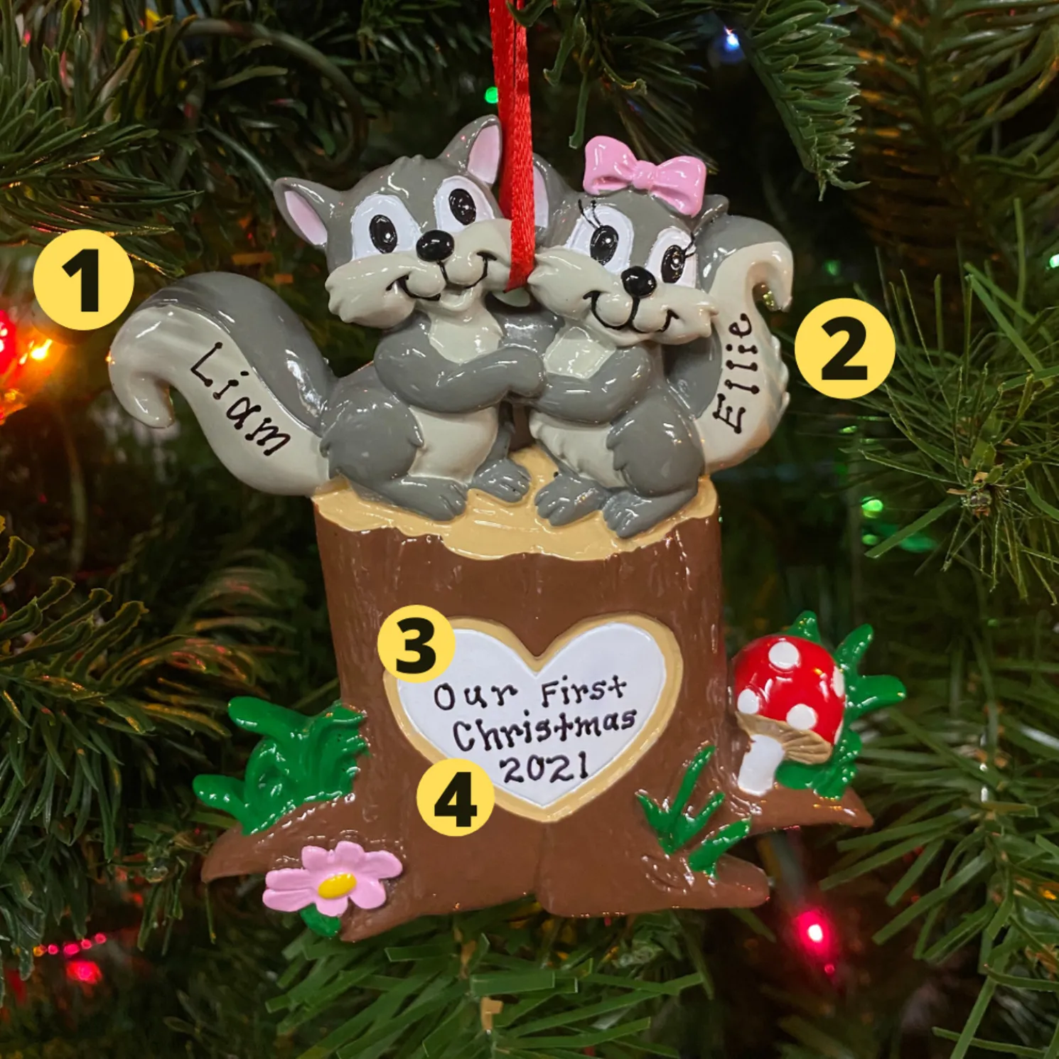 Squirrel Couple On Tree Trunk with Heart Personalized Christmas Ornament OR1890-SQ