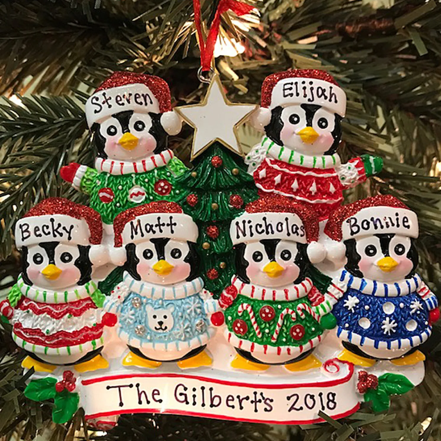 Ugly Sweater Penguin Family of 6 Personalized Christmas Ornament