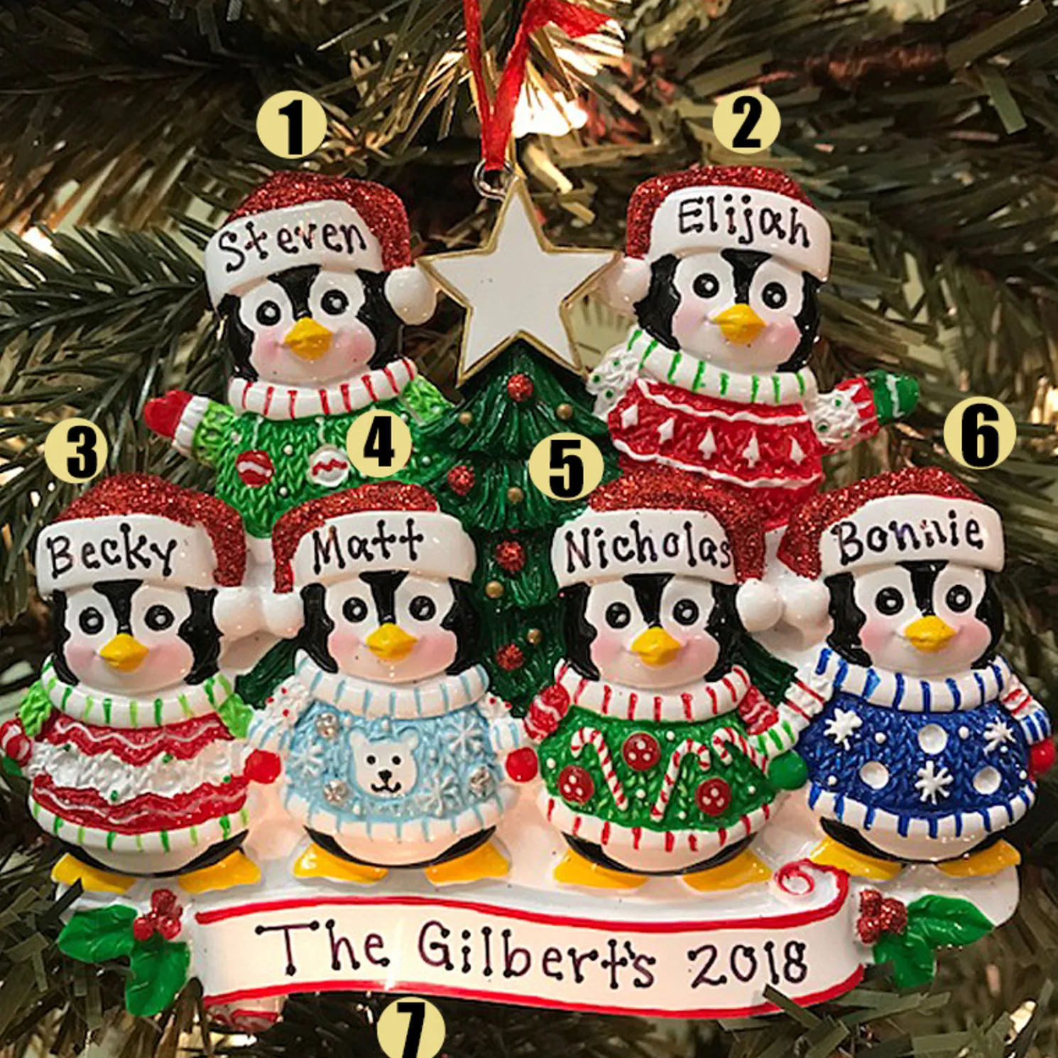 Ugly Sweater Penguin Family of 6 Personalized Christmas Ornament