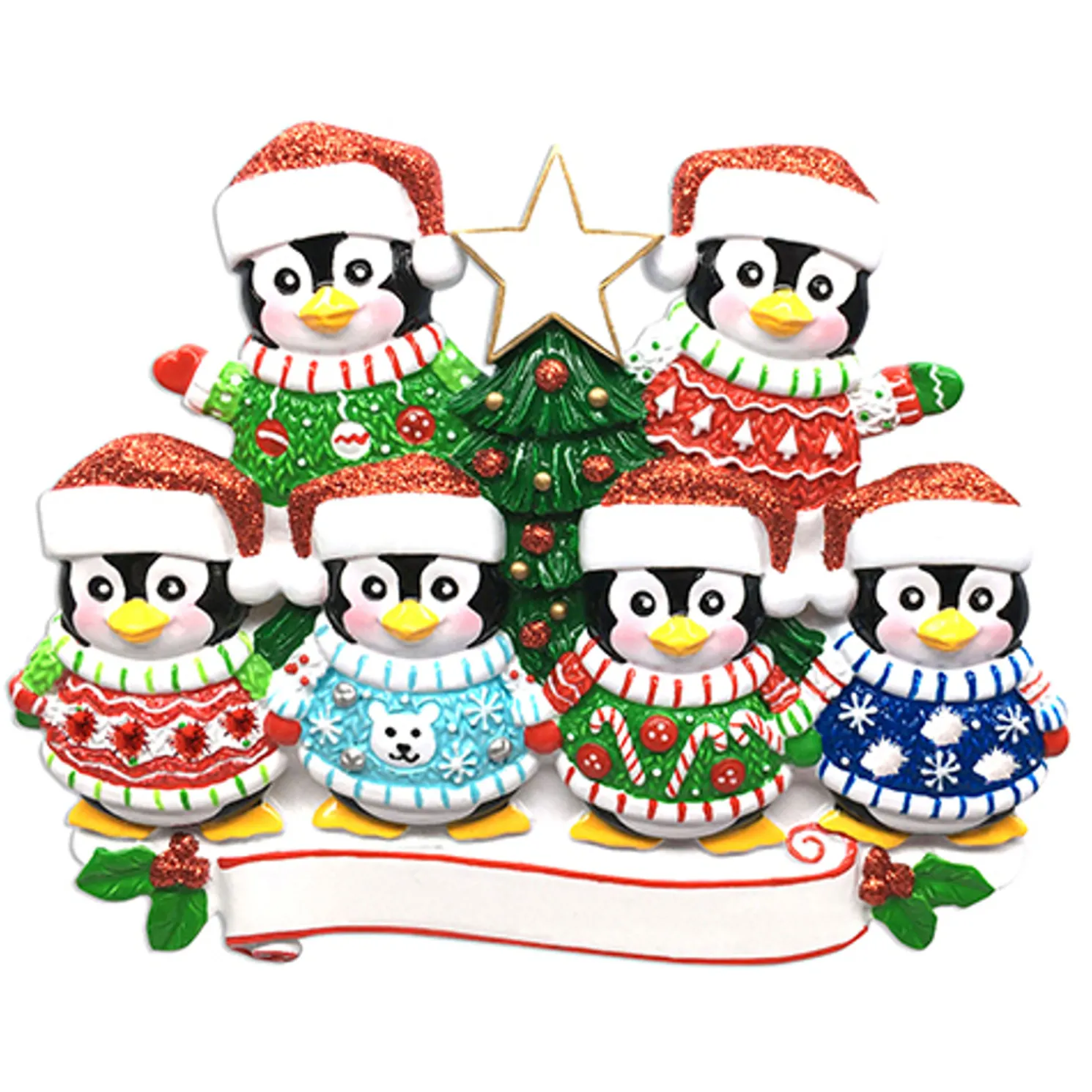 Ugly Sweater Penguin Family of 6 Personalized Christmas Ornament