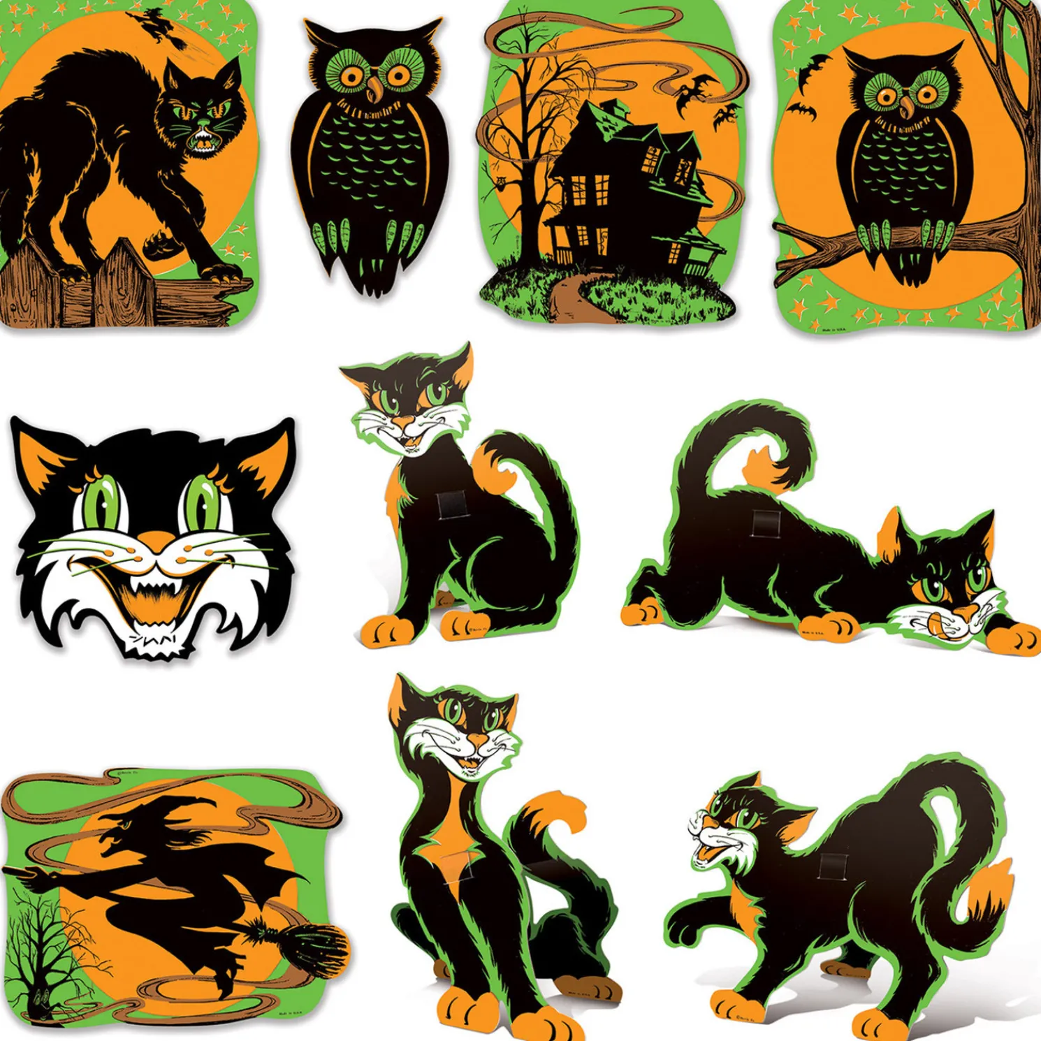 Vintage Beistle Fluorescent Cutout Halloween Paper Decorations Set of 10 00391