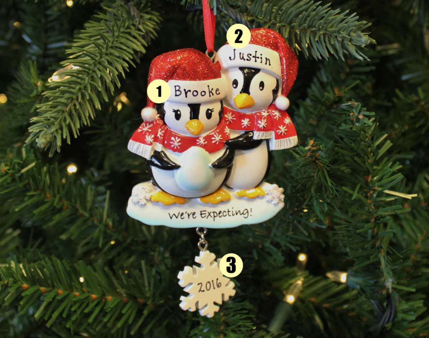 We're Expecting Penguin Couples Personalized Christmas Ornament