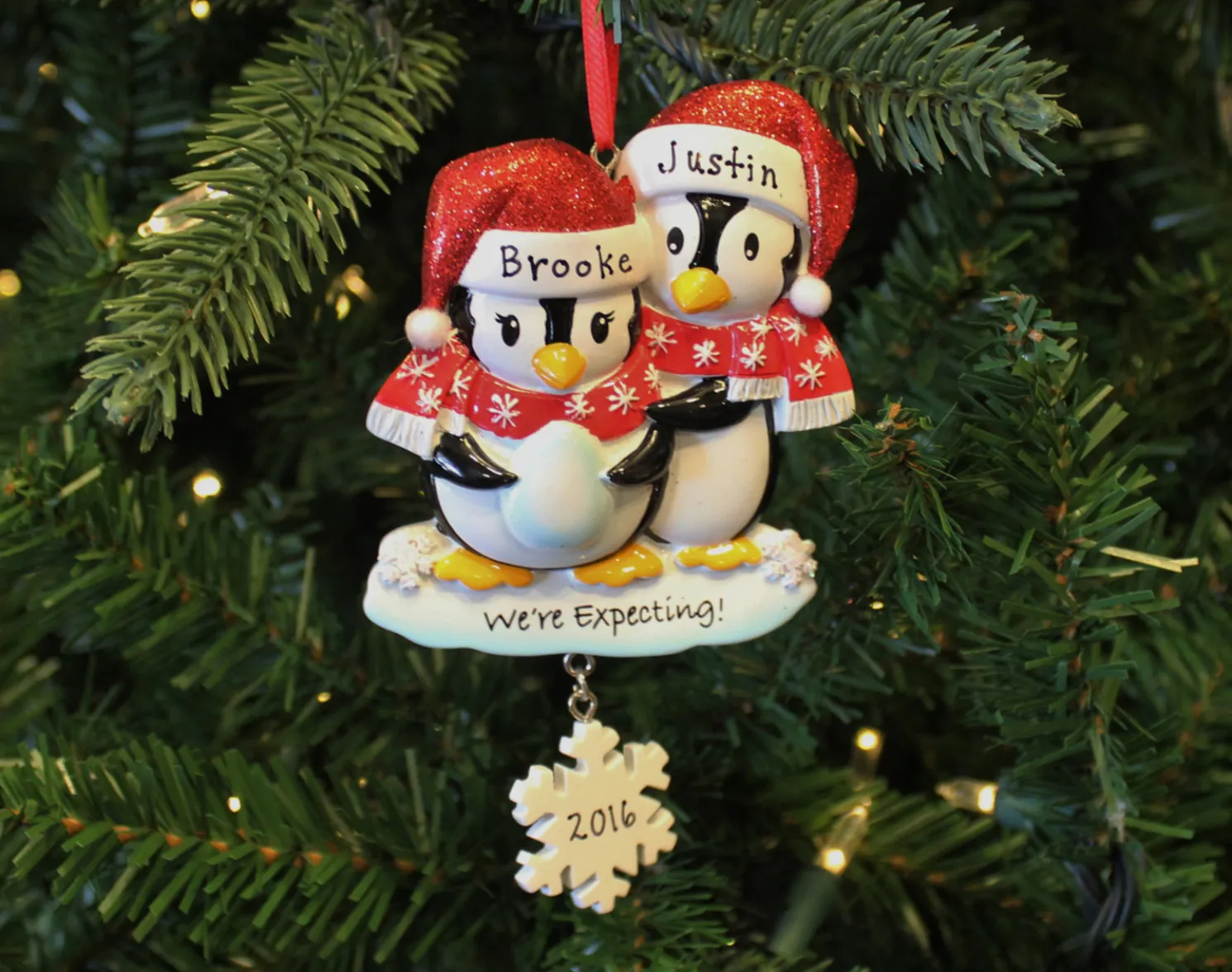 We're Expecting Penguin Couples Personalized Christmas Ornament