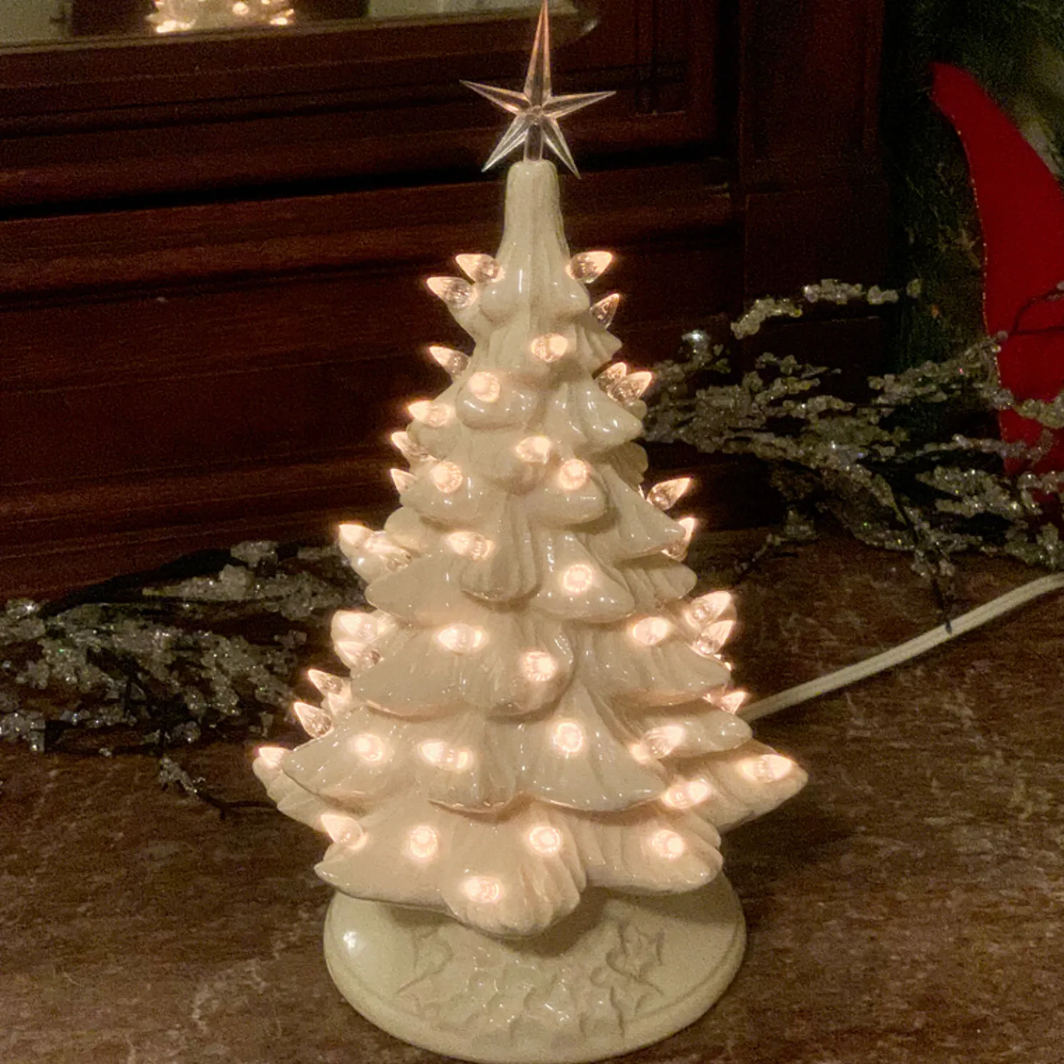 White Ceramic Lighted Christmas Tree 12"